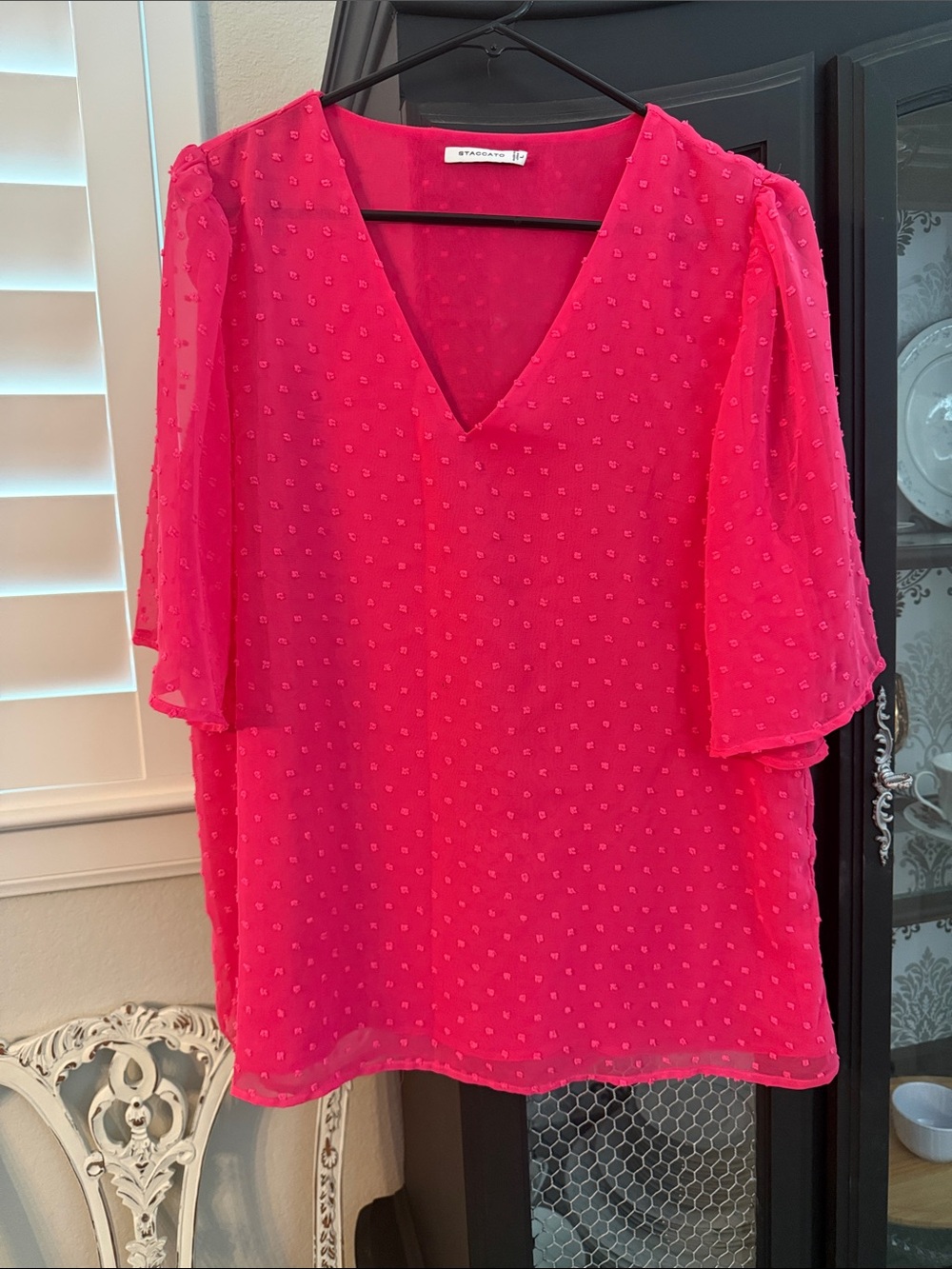 Staccato Bright Pink Swiss Dot V-Neck Blouse